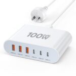 100W USB C Charger, 6-Port Compact Charger, Multi Fast Charging Port USB Power Adapter for iPhone 17 16 15 14 Pro Max, Samsung Galaxy S22 S21 S20 Note Edge